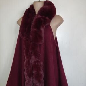 Faux Fur Trimmed Cape Vest Faux Rabbit Hair One size Fits Most Burgundy Luxury
